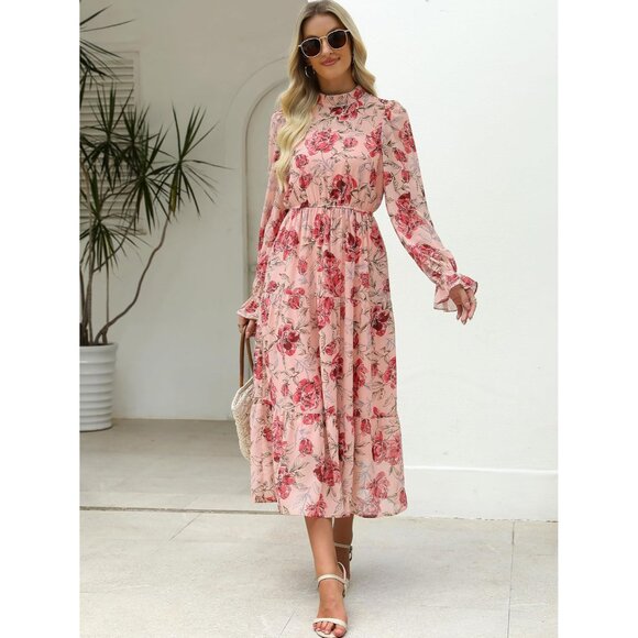 Women's Fall Floral Long Sleeve Midi Dress Boho Casual Wedding Guest - Picture 2 of 8